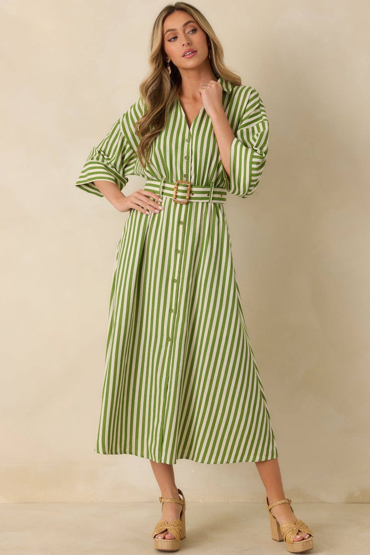 Lighthearted Days Green Stripe Belted Button Front Maxi Shirt Dress