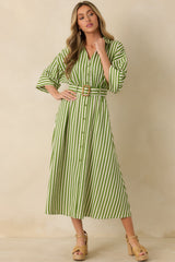 Lighthearted Days Green Stripe Belted Button Front Maxi Shirt Dress