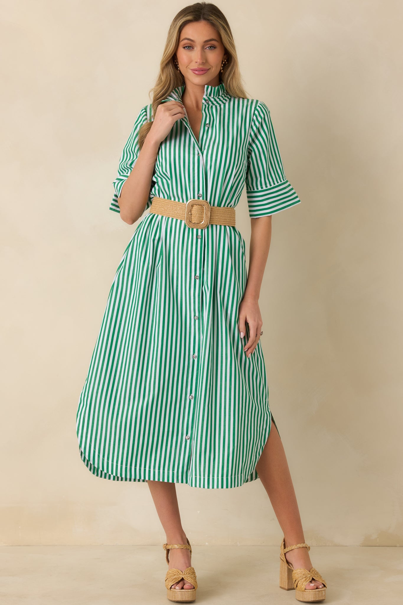 In Perfect Order Green Stripe Button Front Ruffle Collar Midi Shirt Dress