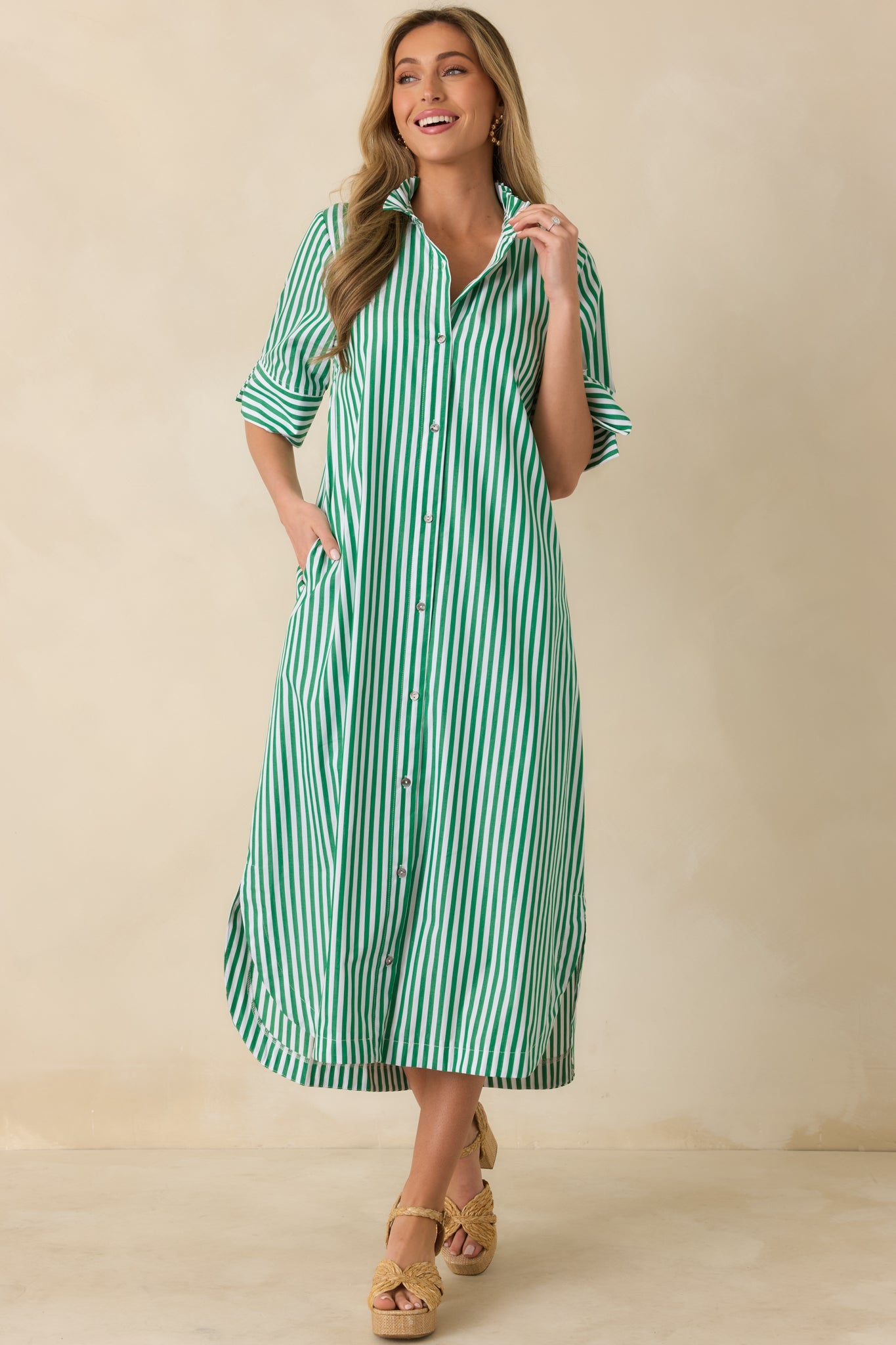 In Perfect Order Green Stripe Button Front Ruffle Collar Midi Shirt Dress