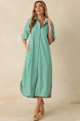 In Perfect Order Green Stripe Button Front Ruffle Collar Midi Shirt Dress