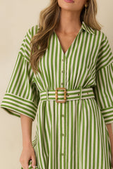 Lighthearted Days Green Stripe Belted Button Front Maxi Shirt Dress