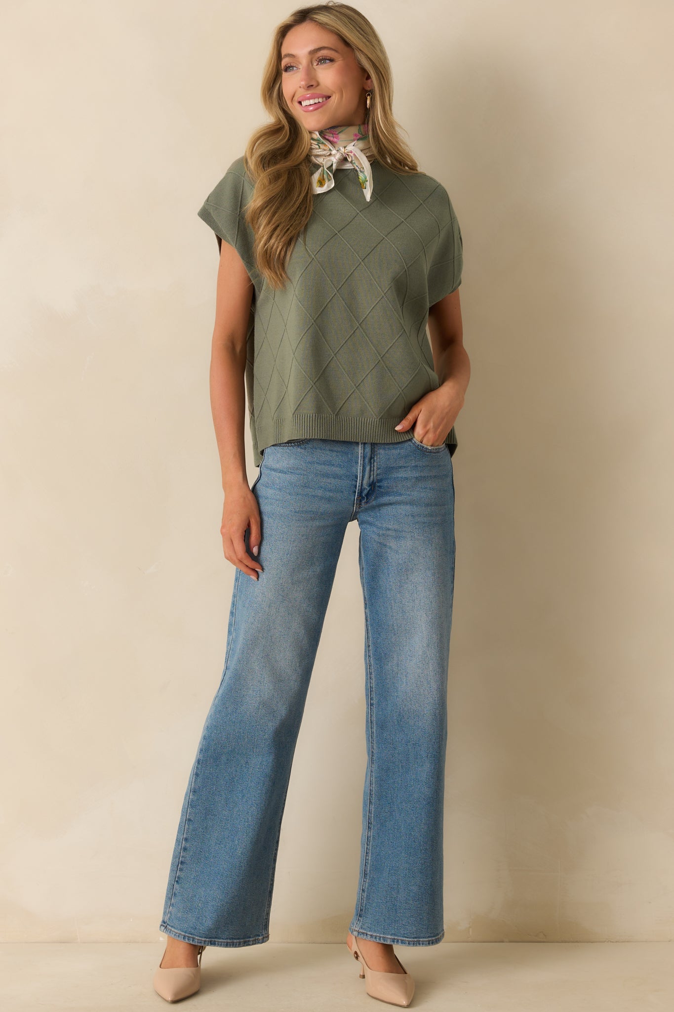 The Clear Choice Olive Green Short Sleeve Argyle Stitch Sweater