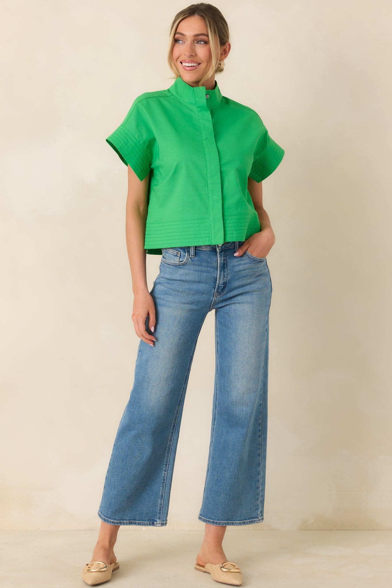 Pretty In Power Green Cotton Linen Button-Front Mock Neck Top