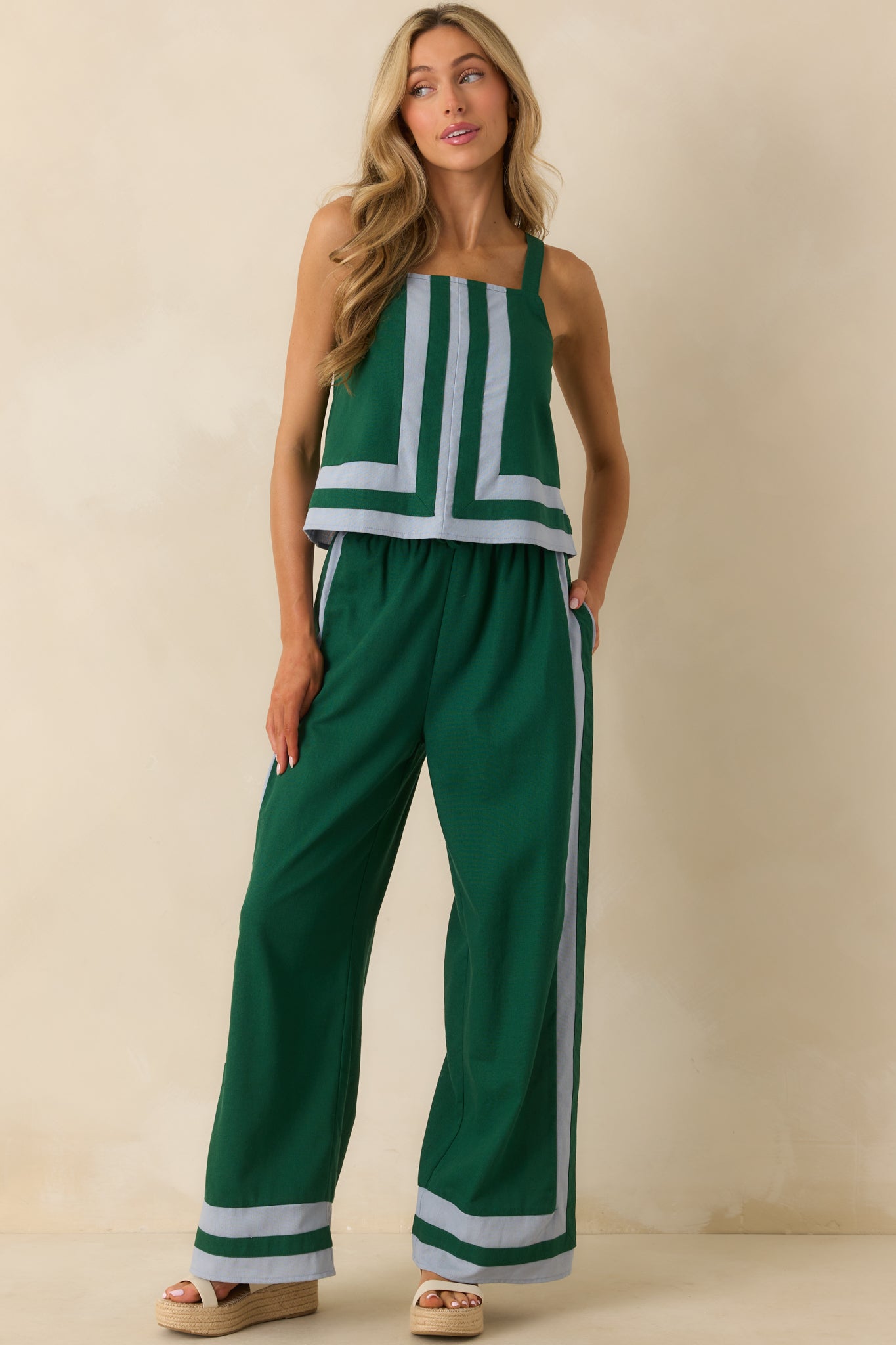Time On My Hands Green Linen Blend Contrast Trim Crop Top