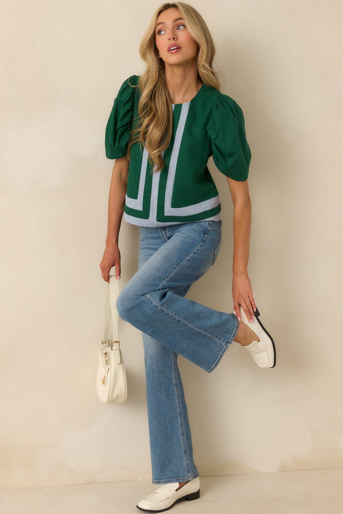 It Was What It Was Green Contrast Trim Puff Sleeve Top