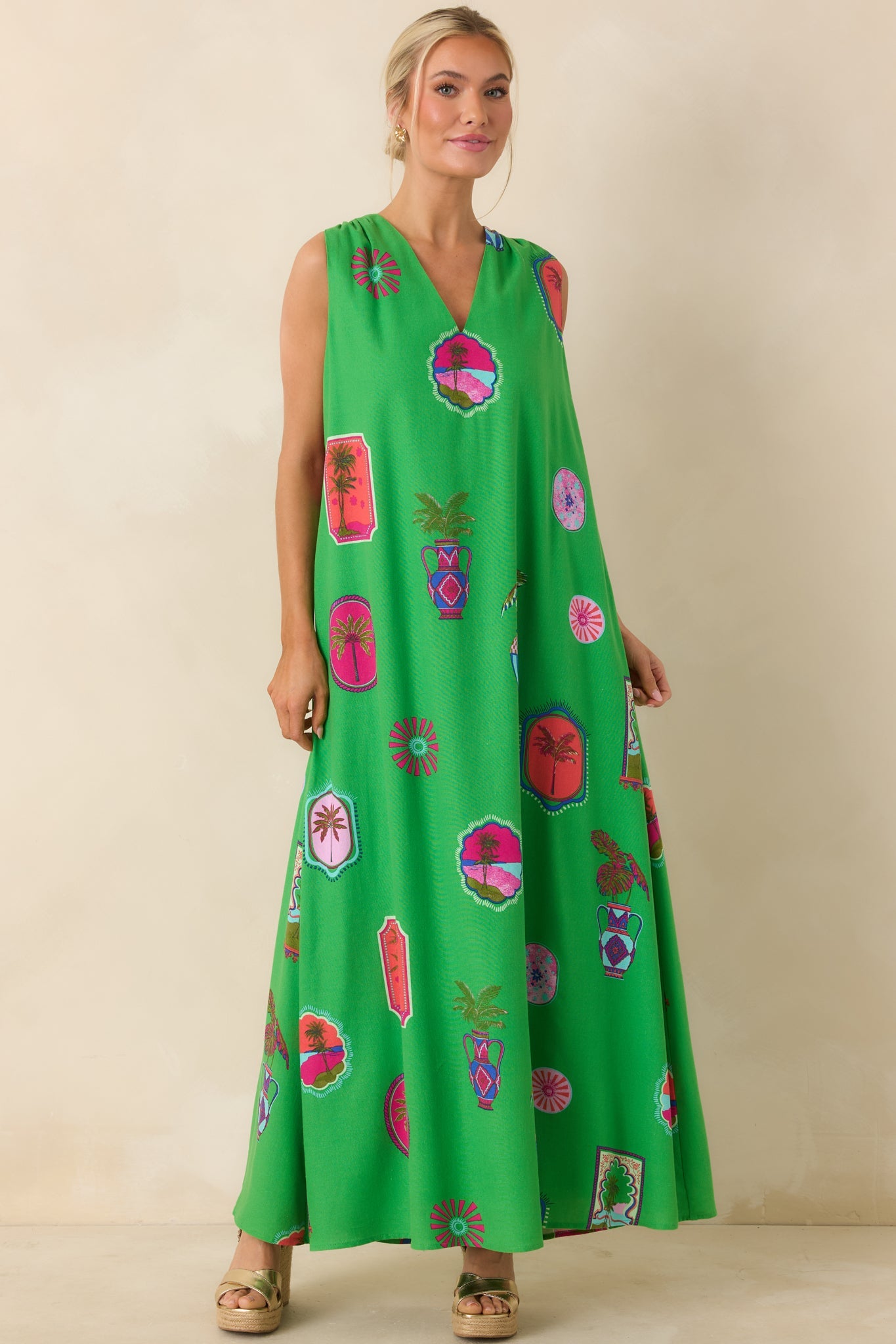 Send Me A Postcard Green Multi Tropical Print Maxi Dress
