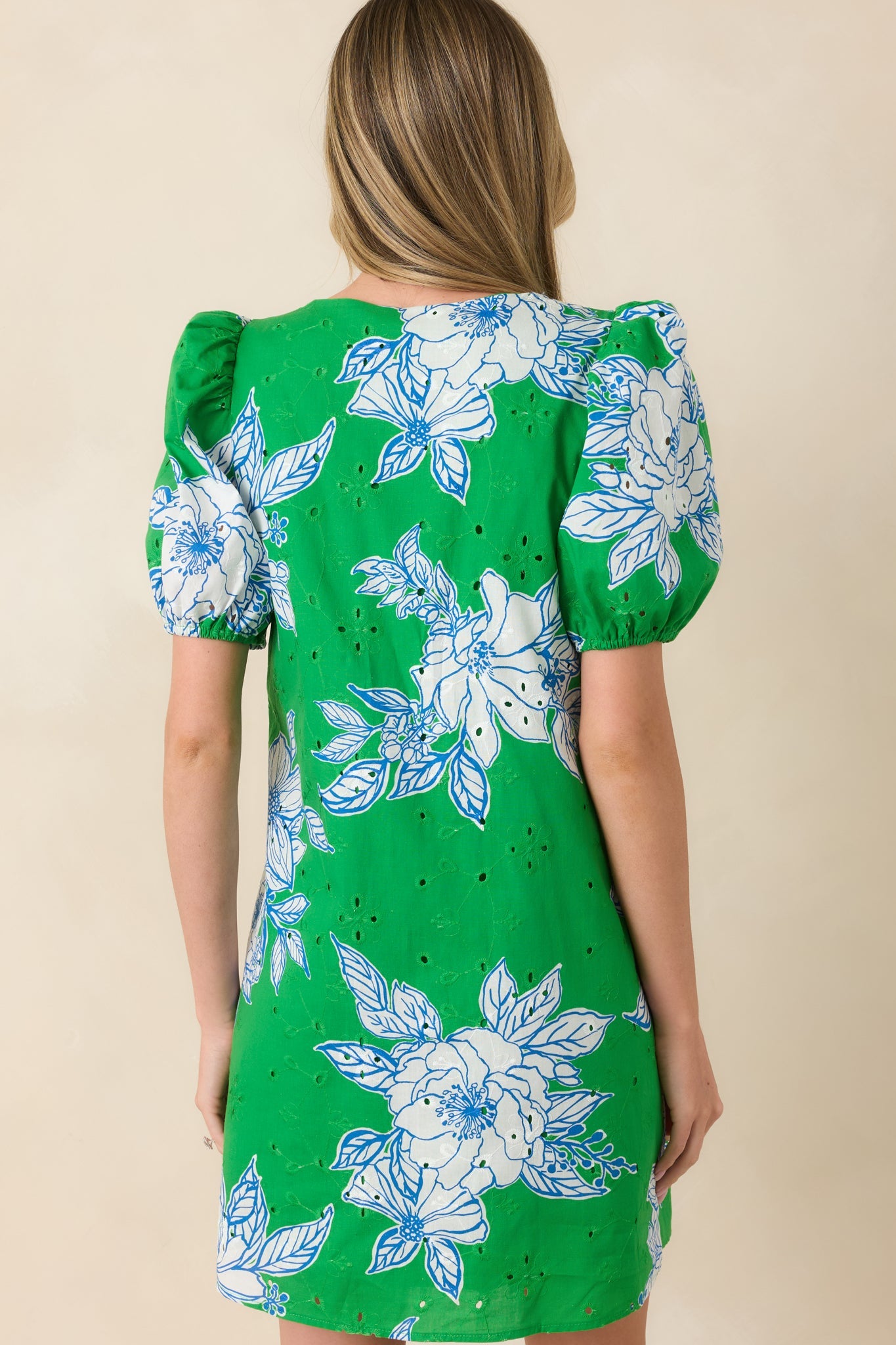 If You Ask Me Green & White Floral Cotton Puff Sleeve Mini Dress