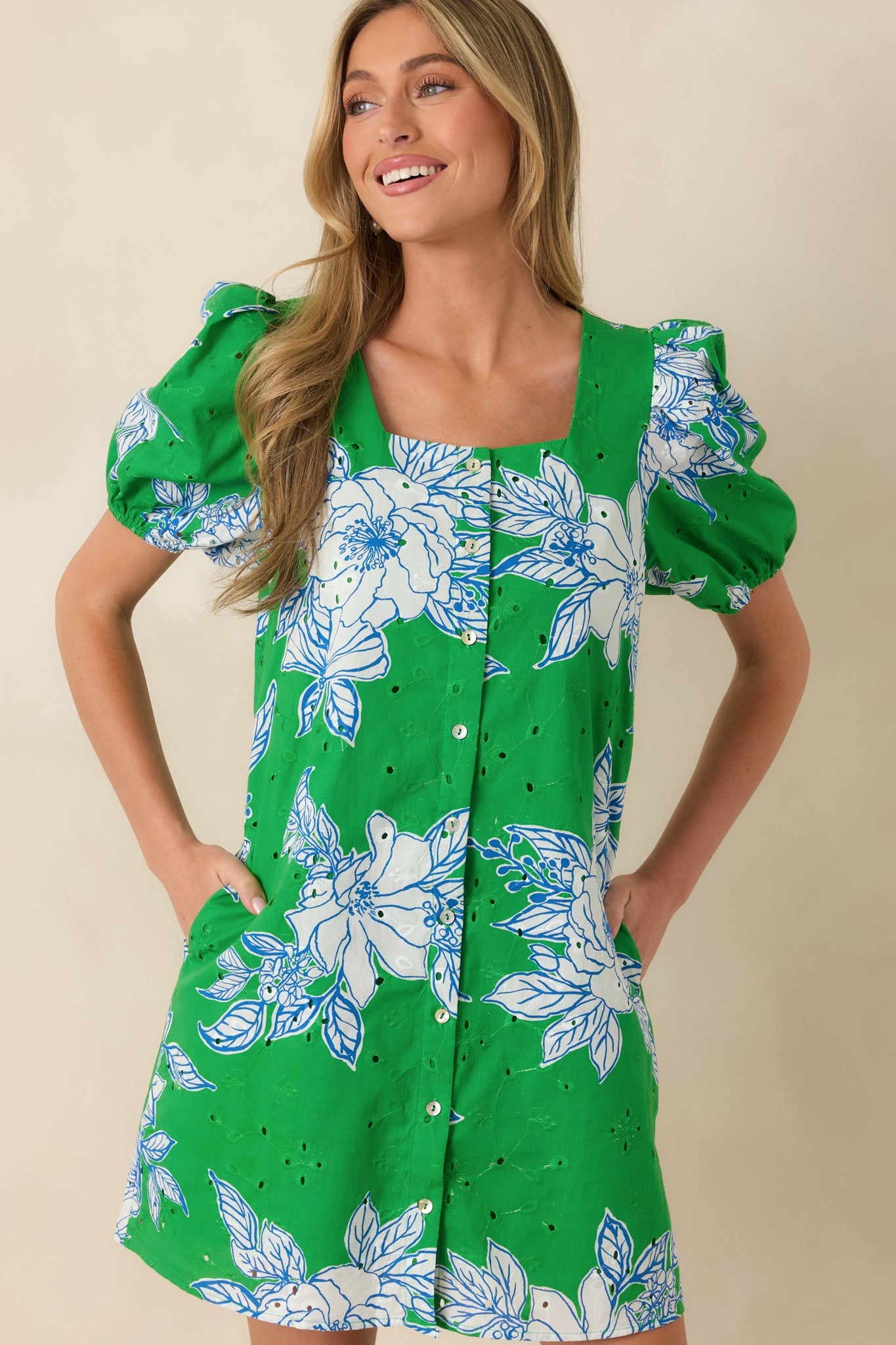 If You Ask Me Green & White Floral Cotton Puff Sleeve Mini Dress