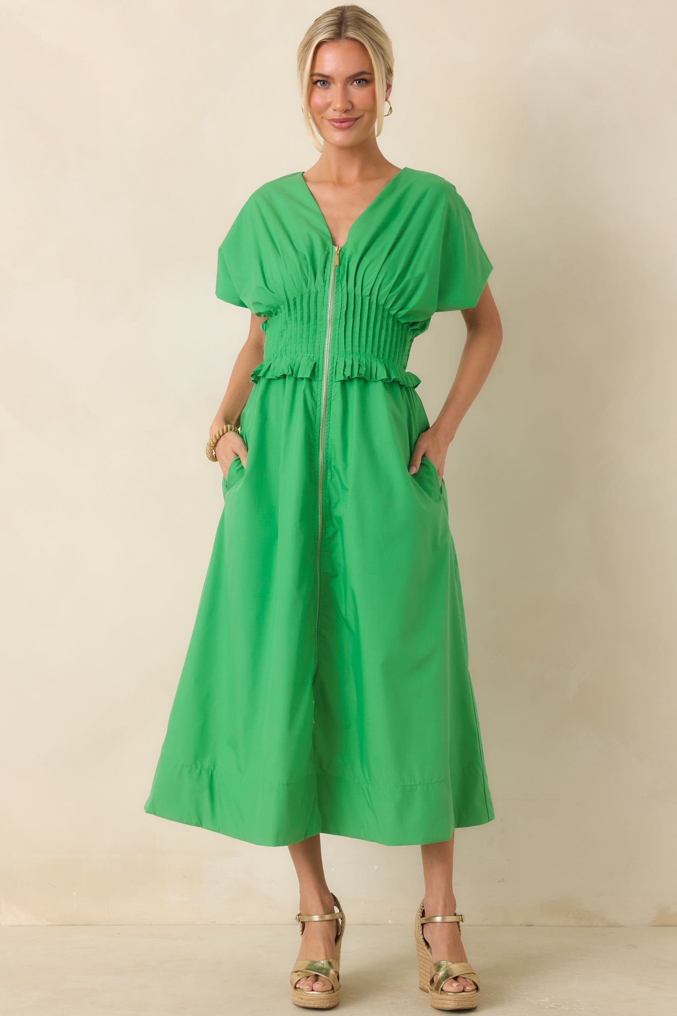 Let It Be Easy Kelly Green Smocked Waist Zip Maxi Dress