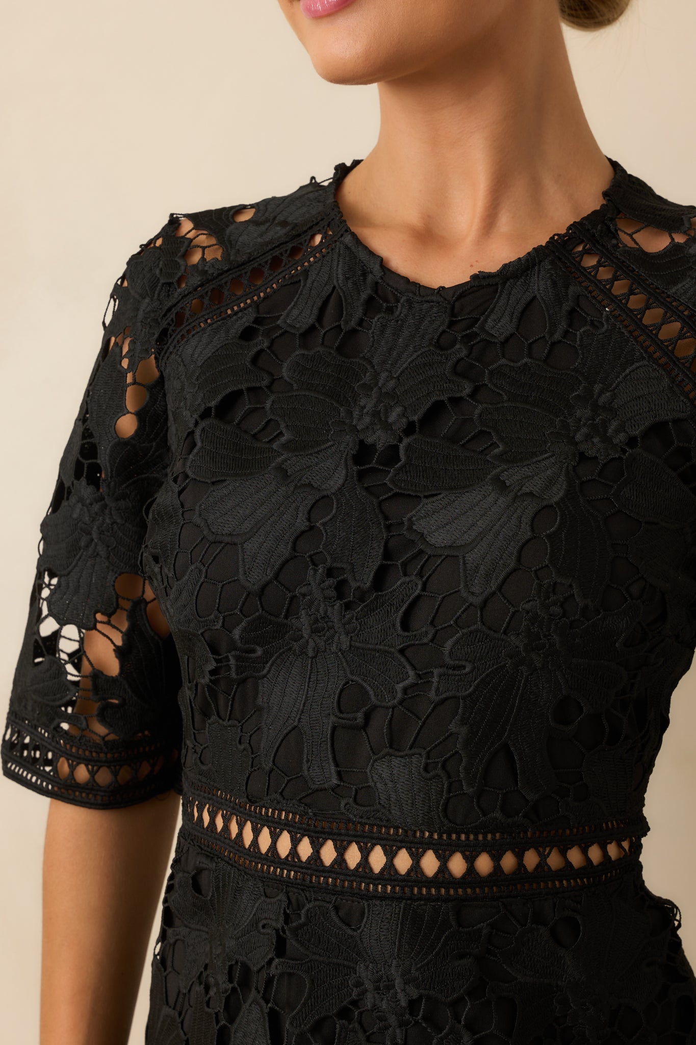No Compromise Black Floral Guipure Lace Scallop Hem Mini Dress