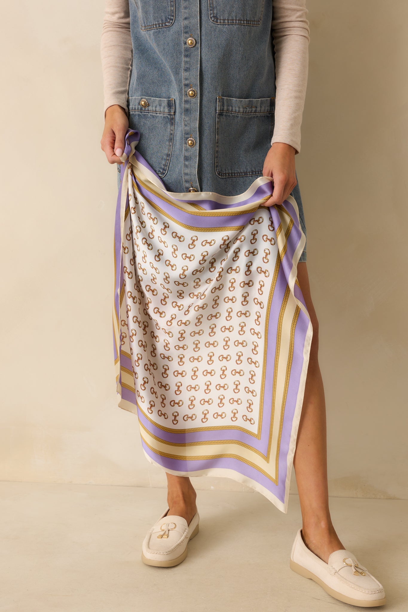 At First Light Lavender Multi Equestrian Print Satin Scarf