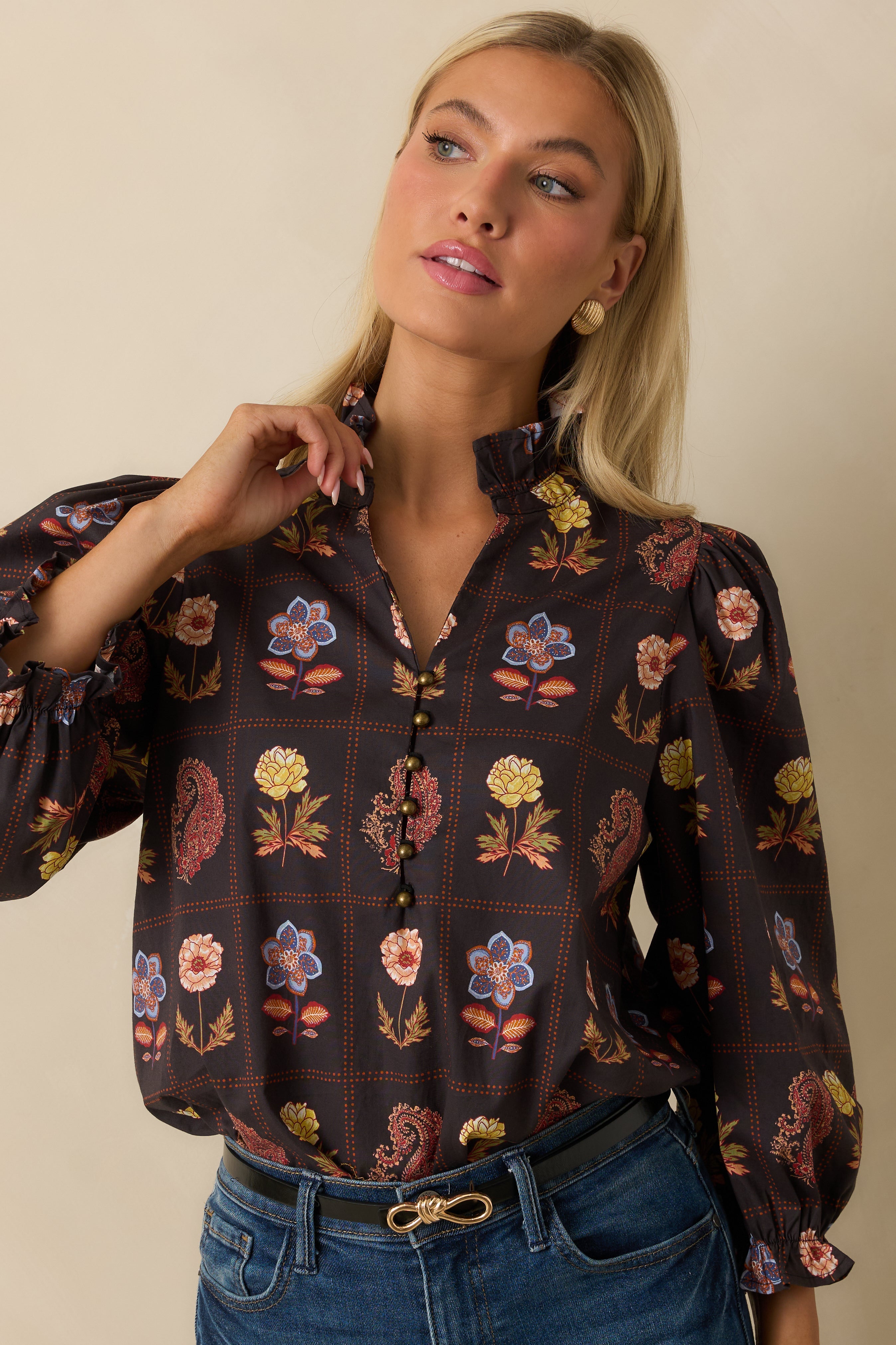 Everything's Blooming Black Multi Floral Cotton Puff Sleeve Blouse
