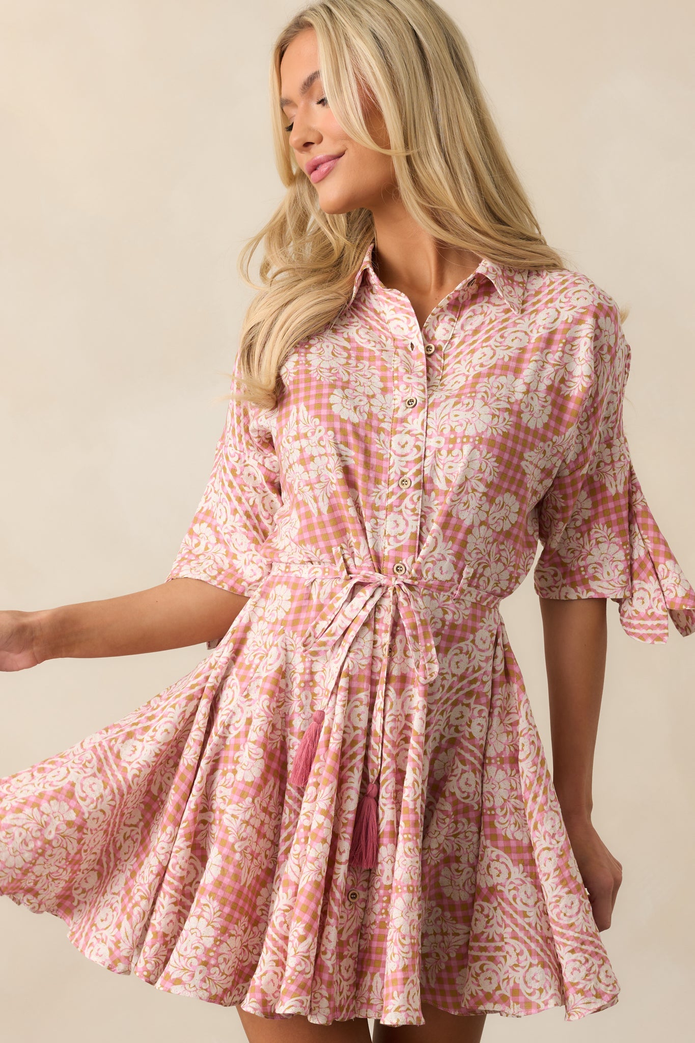 Beach Bum Rose Pink Floral Button Front Mini Dress