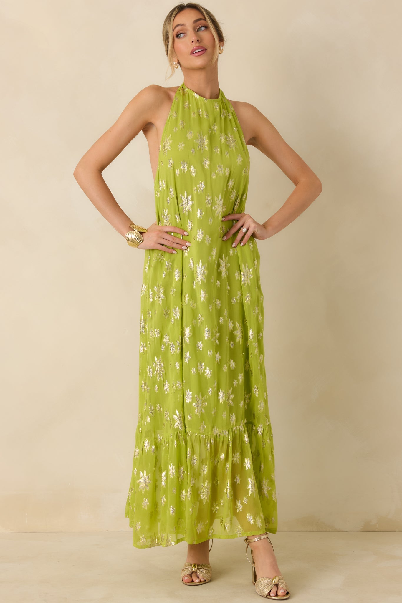 Glow With Grace Chartreuse Metallic Floral Halter Maxi Dress