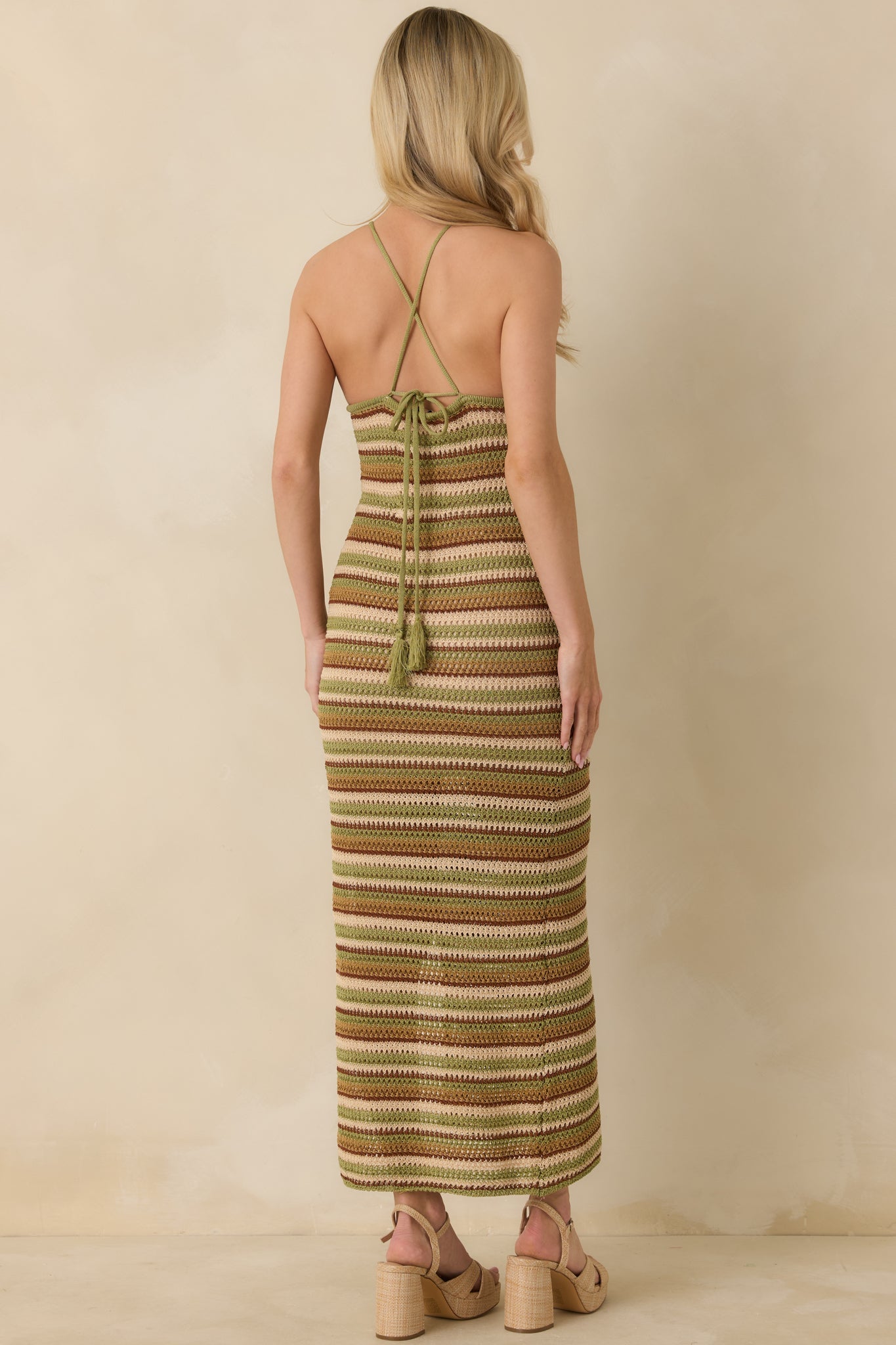 Earth Angel Green & Brown Stripe Crochet Halter Maxi Dress