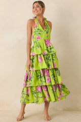 Blooming Beautiful Chartreuse Floral Cotton Halter Midi Dress