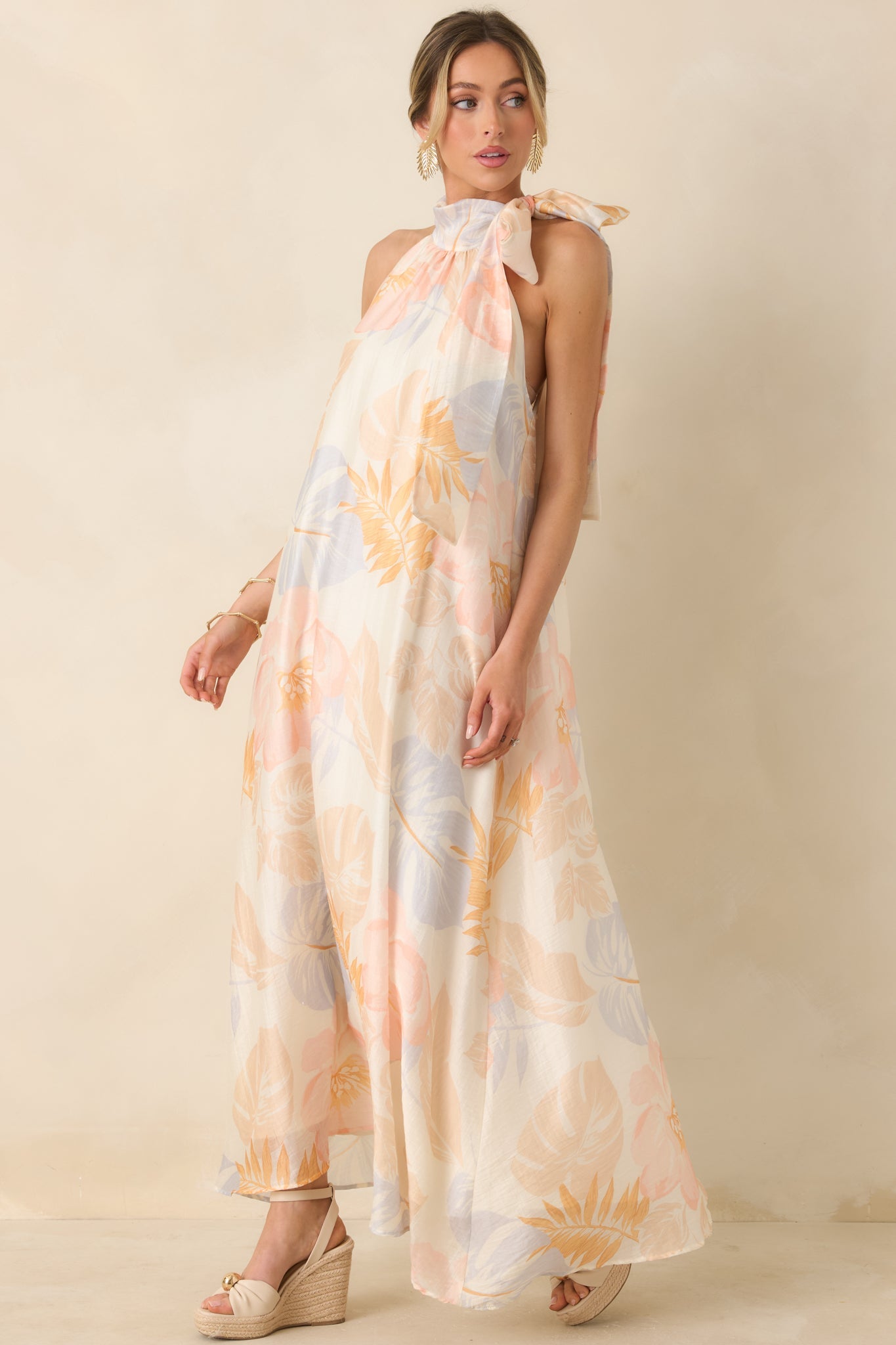 Naturally Radiant Ivory Multi Tropical Print Halter Maxi Dress