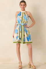 A Moment Like This Blue Multi Floral Cotton Halter Mini Dress