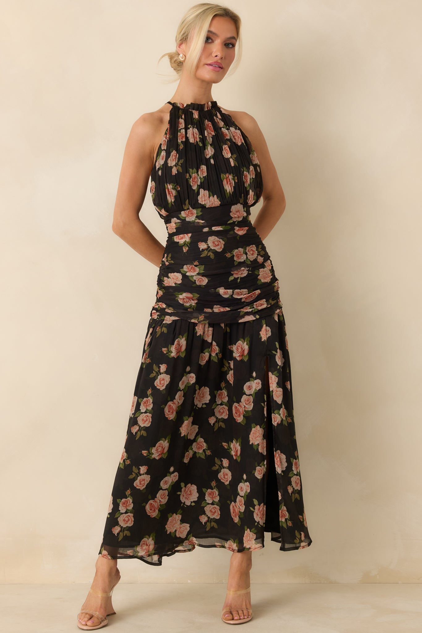 All This Charm Black Multi Floral Pattern Gathered Chiffon Halter Maxi Dress