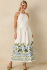 Palm Villa Ivory Multi Floral & Palm Halter Midi Dress