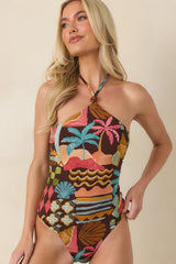 MINKPINK Isola Brown Multi Vintage Coastal Print Halter Swimsuit