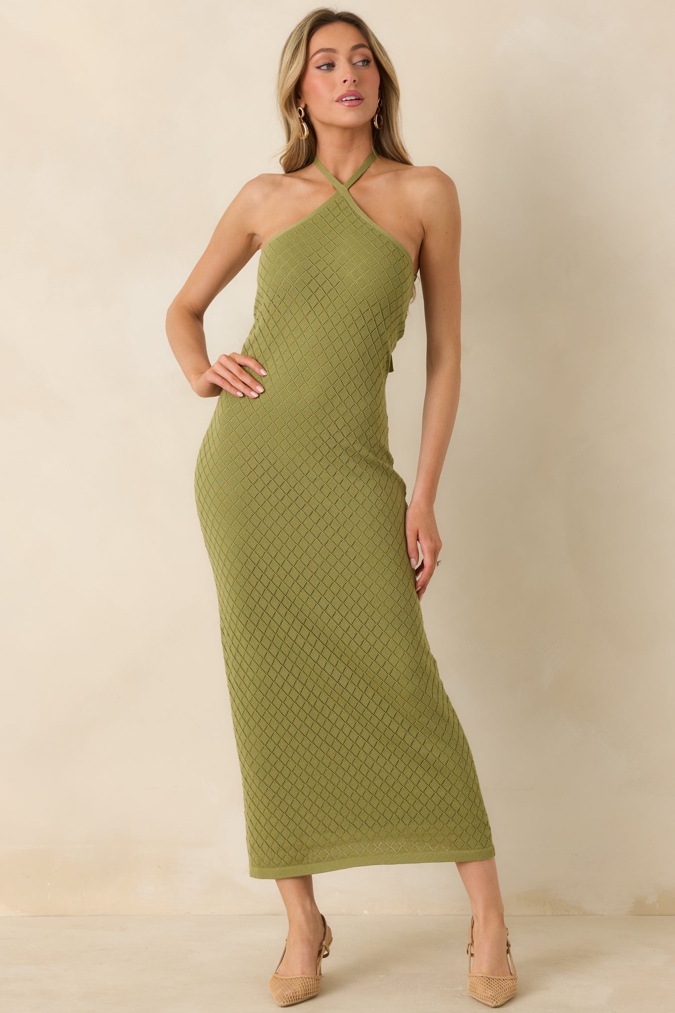 Causing a Heatwave Olive Green Textured Diamond Knit Halter Midi Dress