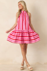Made for Fireworks Red & Pink Stripe Cotton Halter Tiered Mini Dress