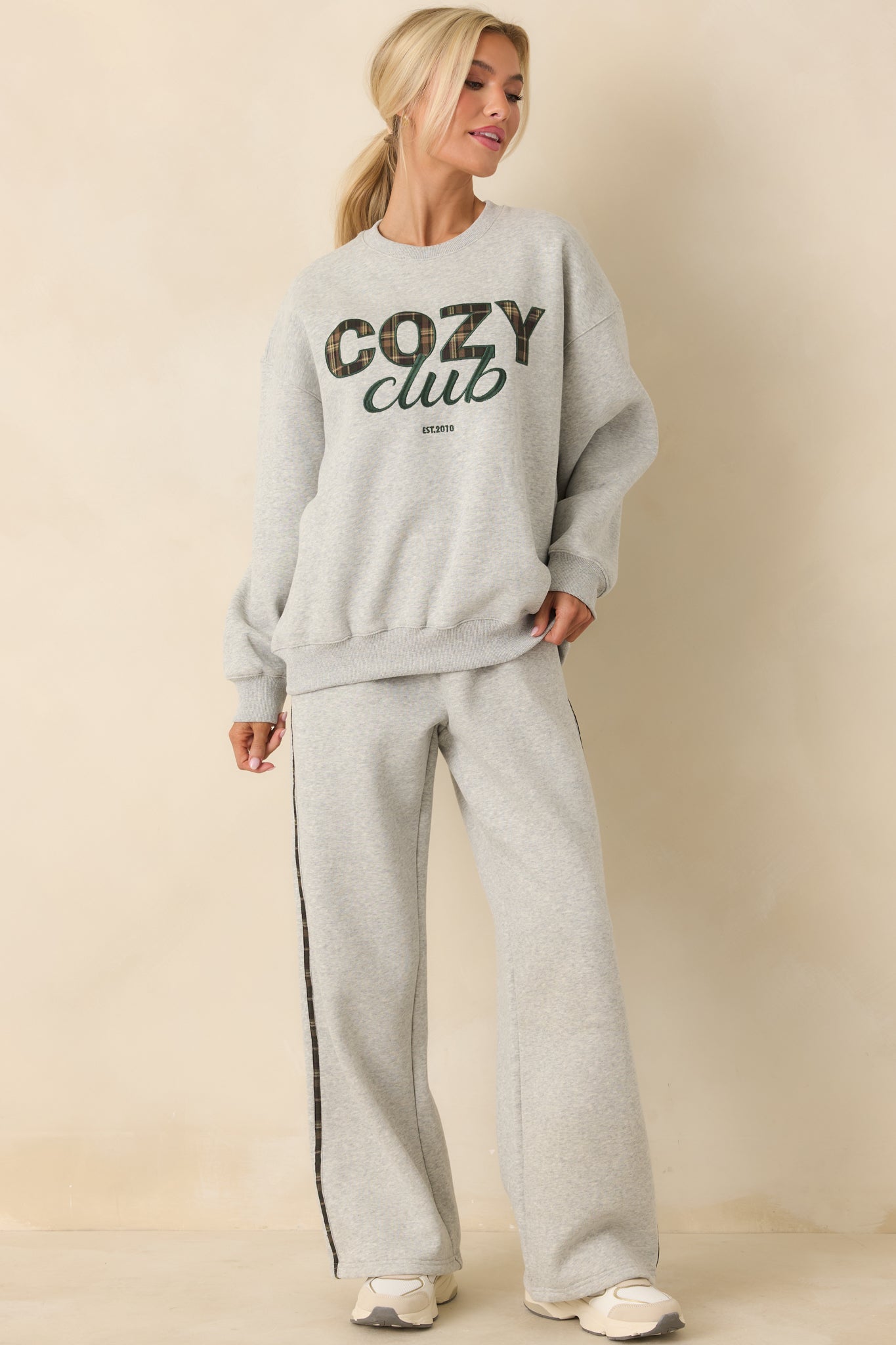 Cozy Club Heather Grey Plaid Stripe Sweatpants