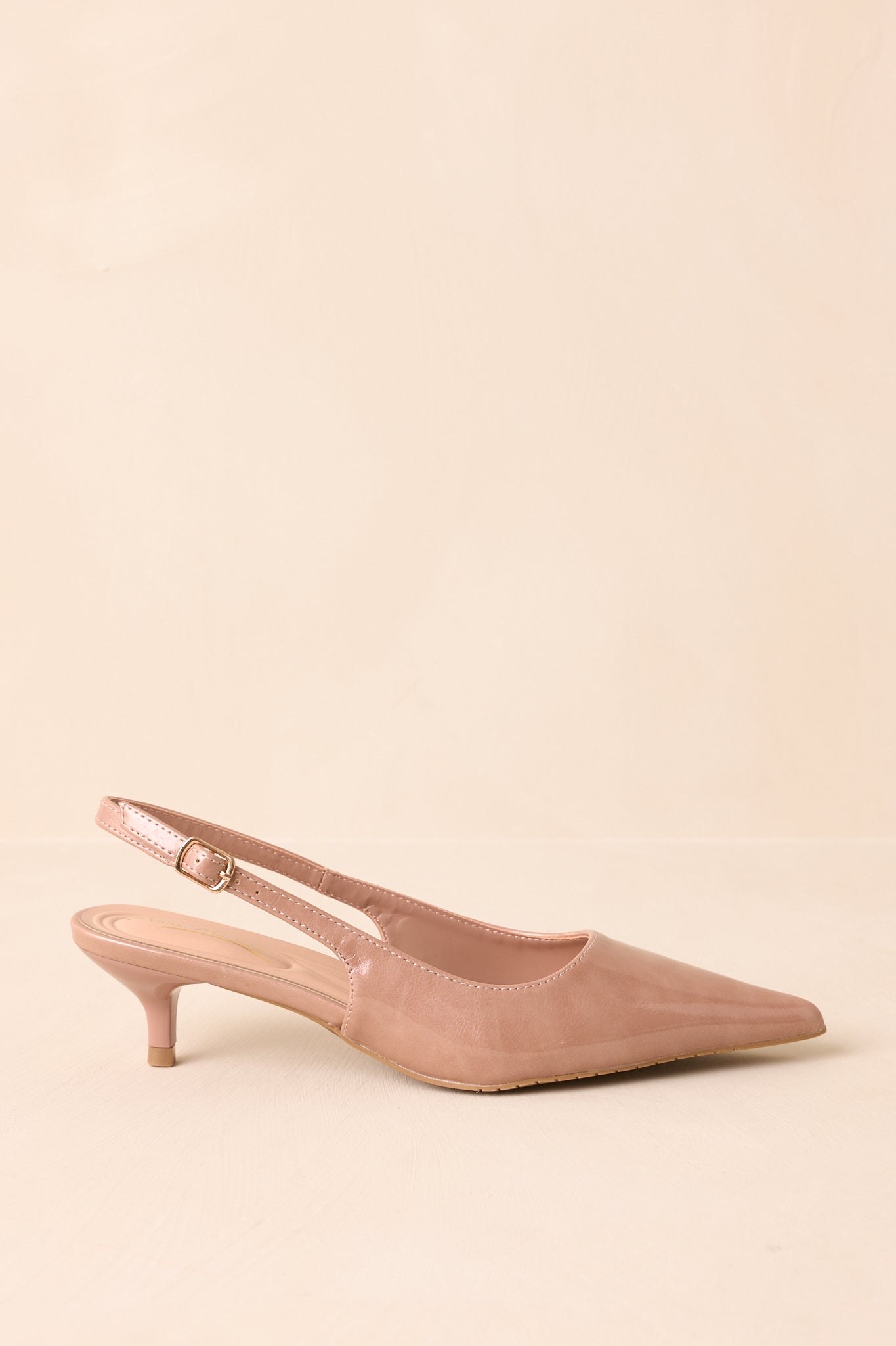 Meant To Be Me Beige Patent Pointed-Toe Slingback Kitten Heels