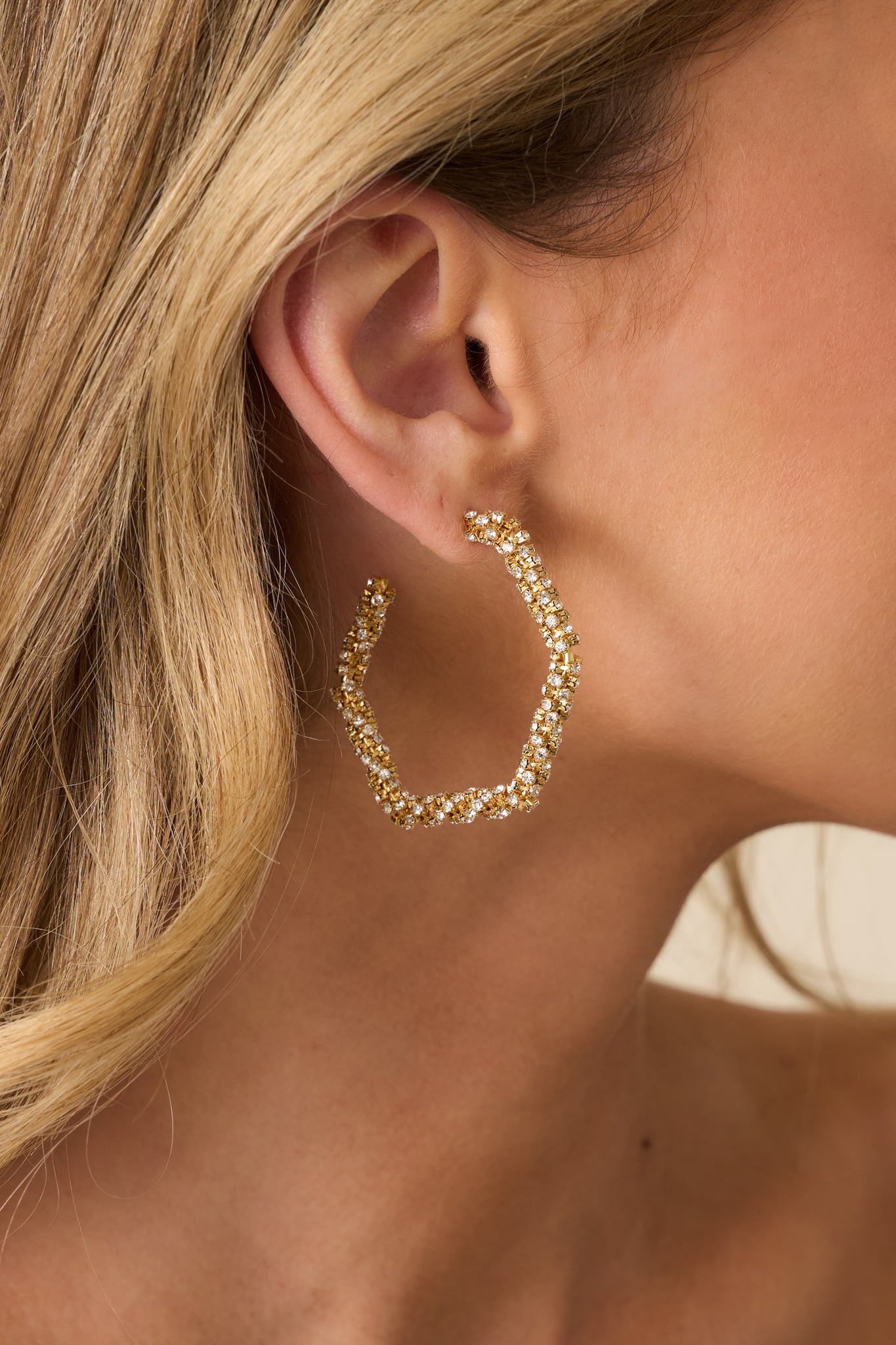 Take What's Yours Gold Twisted Rhinestone Hexagon Hoop Earrings