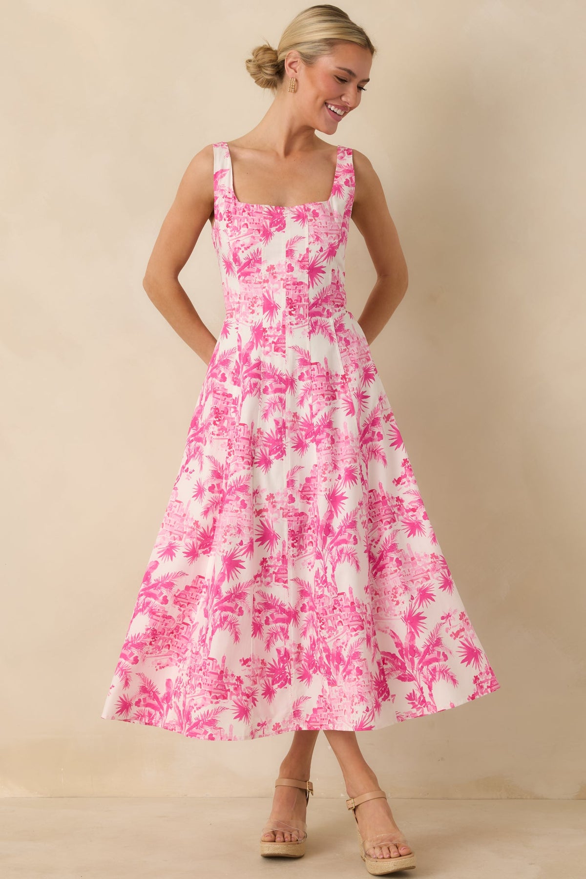 Destination Daydream Hibiscus Pink Palm Print Tie Back Midi Dress