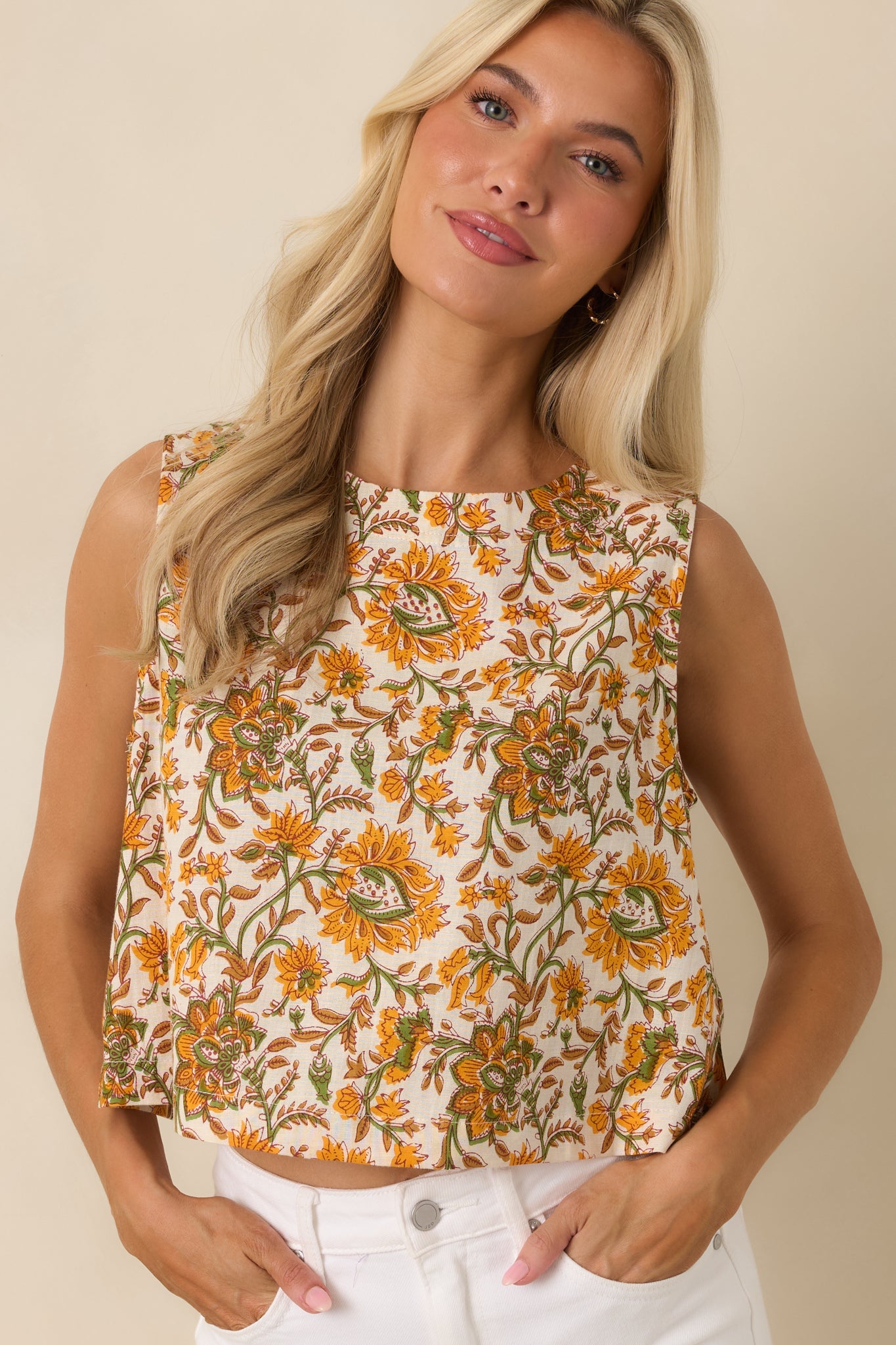 Easy to Love Marigold & Olive Green Floral Cotton Button-Back Top