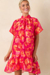 Turn It Up Fuchsia & Orange Floral Tie Back Mini Dress