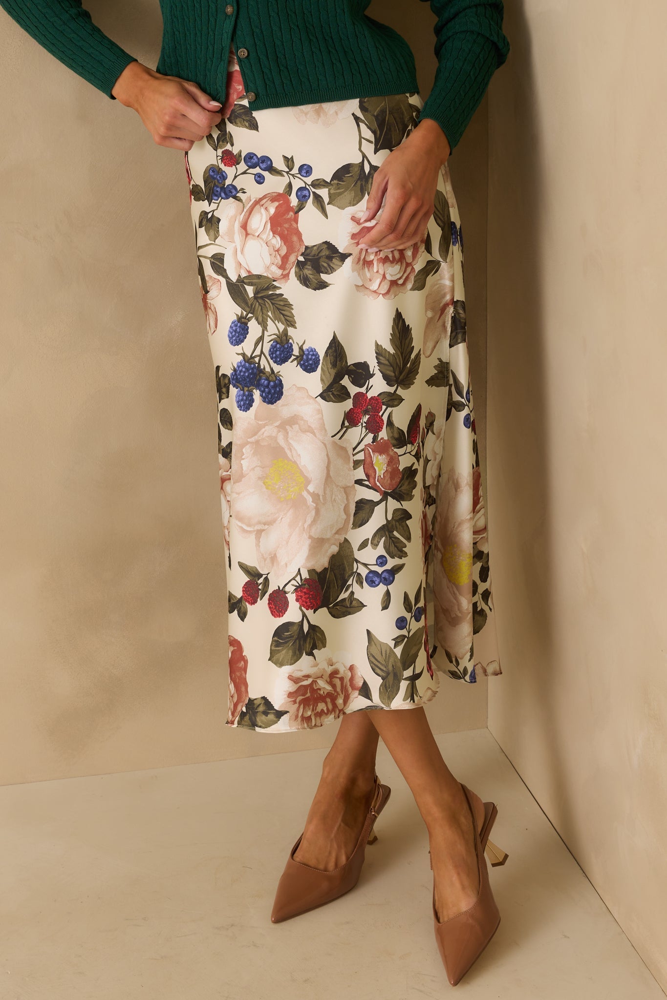 Feeling Pretty Sure Ivory Multi Floral Print Satin Midi Skirt