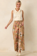 Gathering Roses Camel Floral Wide Leg Pants