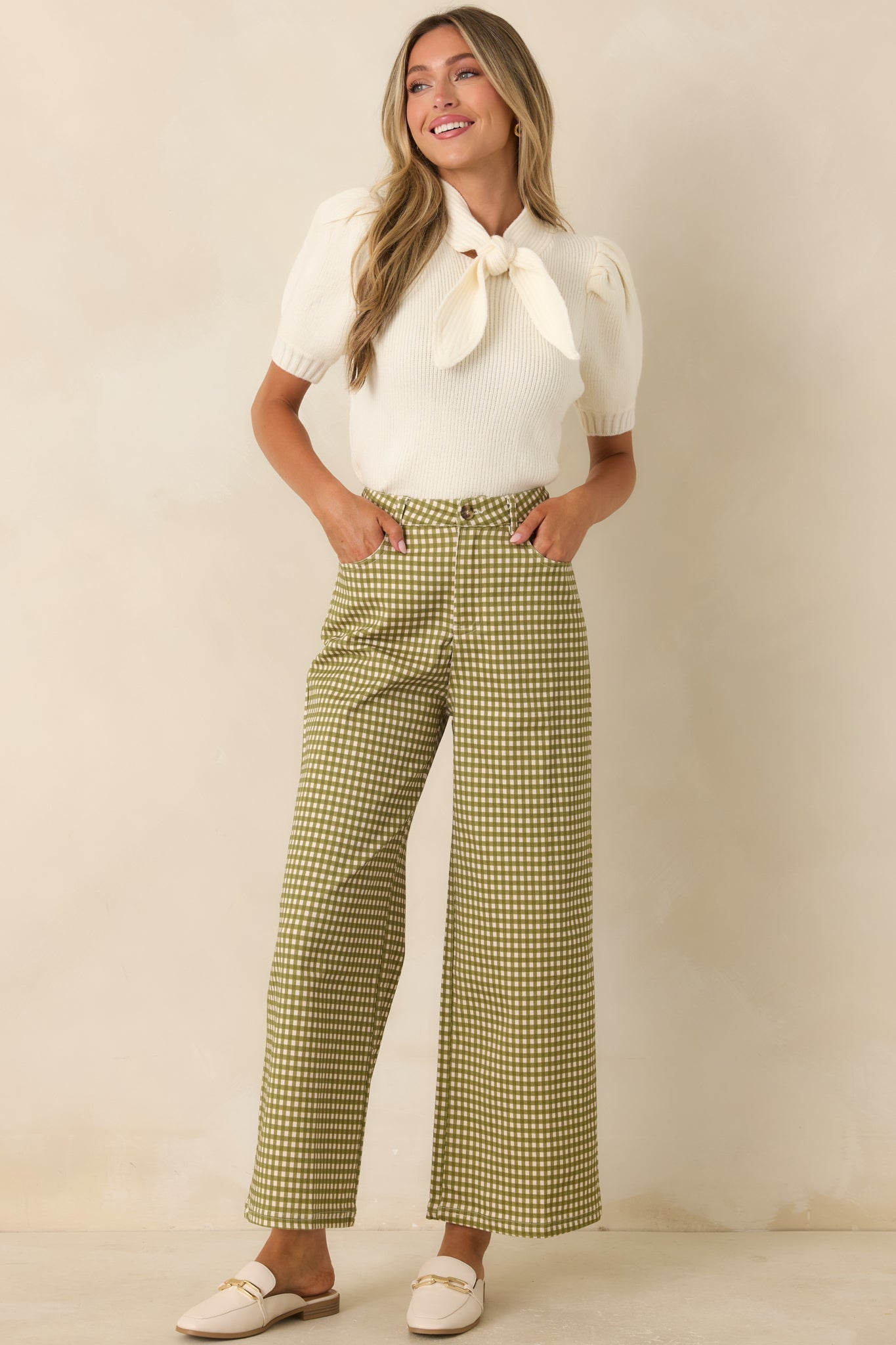 Weekends in the Countryside Olive Gingham Wide Leg Pants