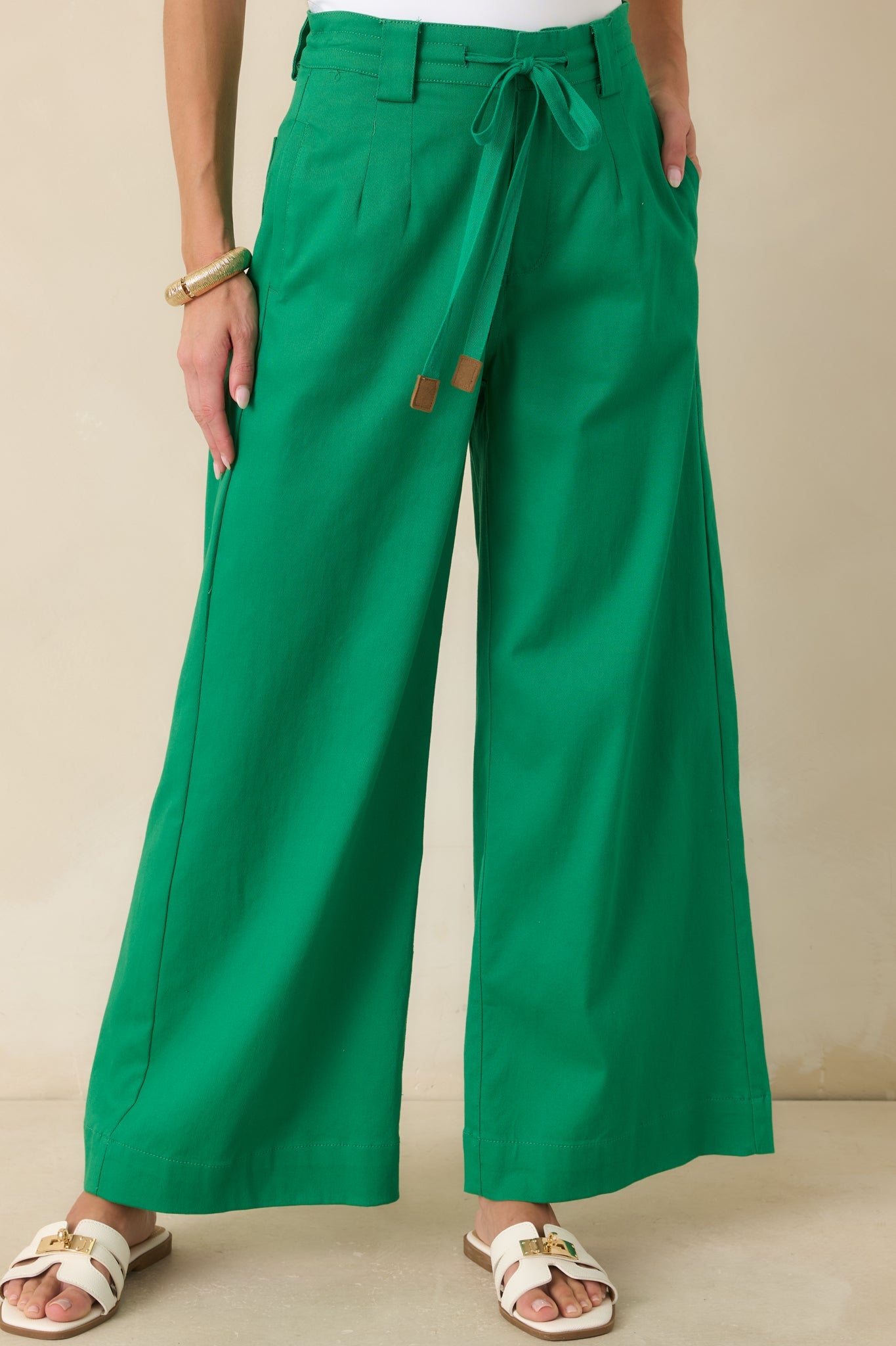 Refined Rhythm Emerald Green Cotton Tie-Belt Wide Leg Pants