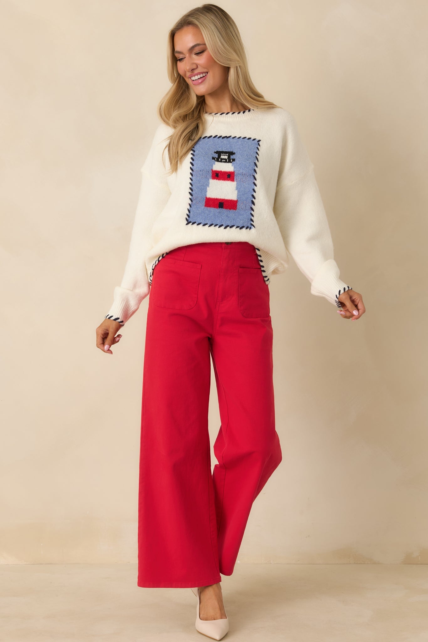 Quiet Confidence Red Cotton Patch Pocket Wide Leg Pants