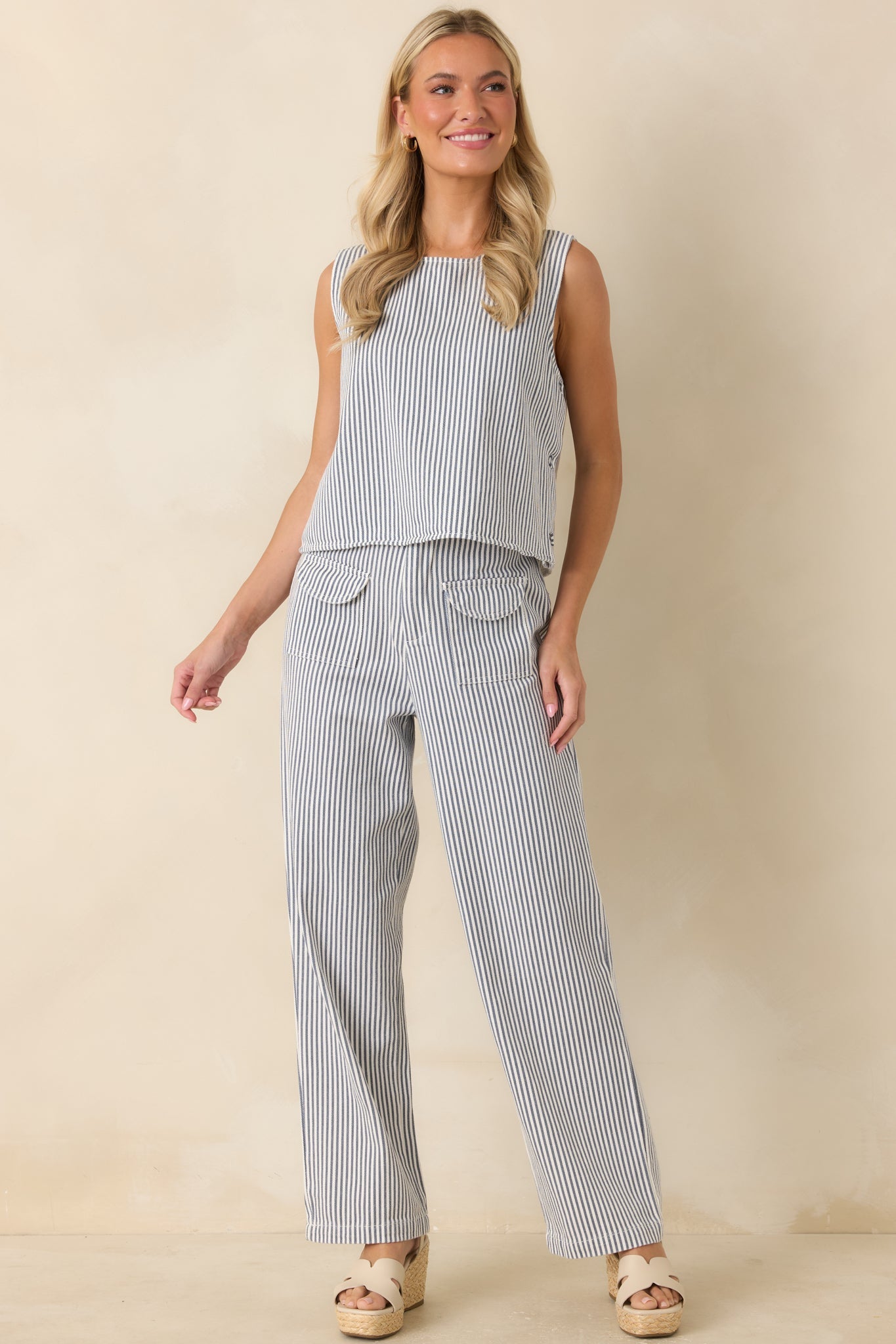 Ticket to Anywhere Blue Stripe Wide Leg Pants