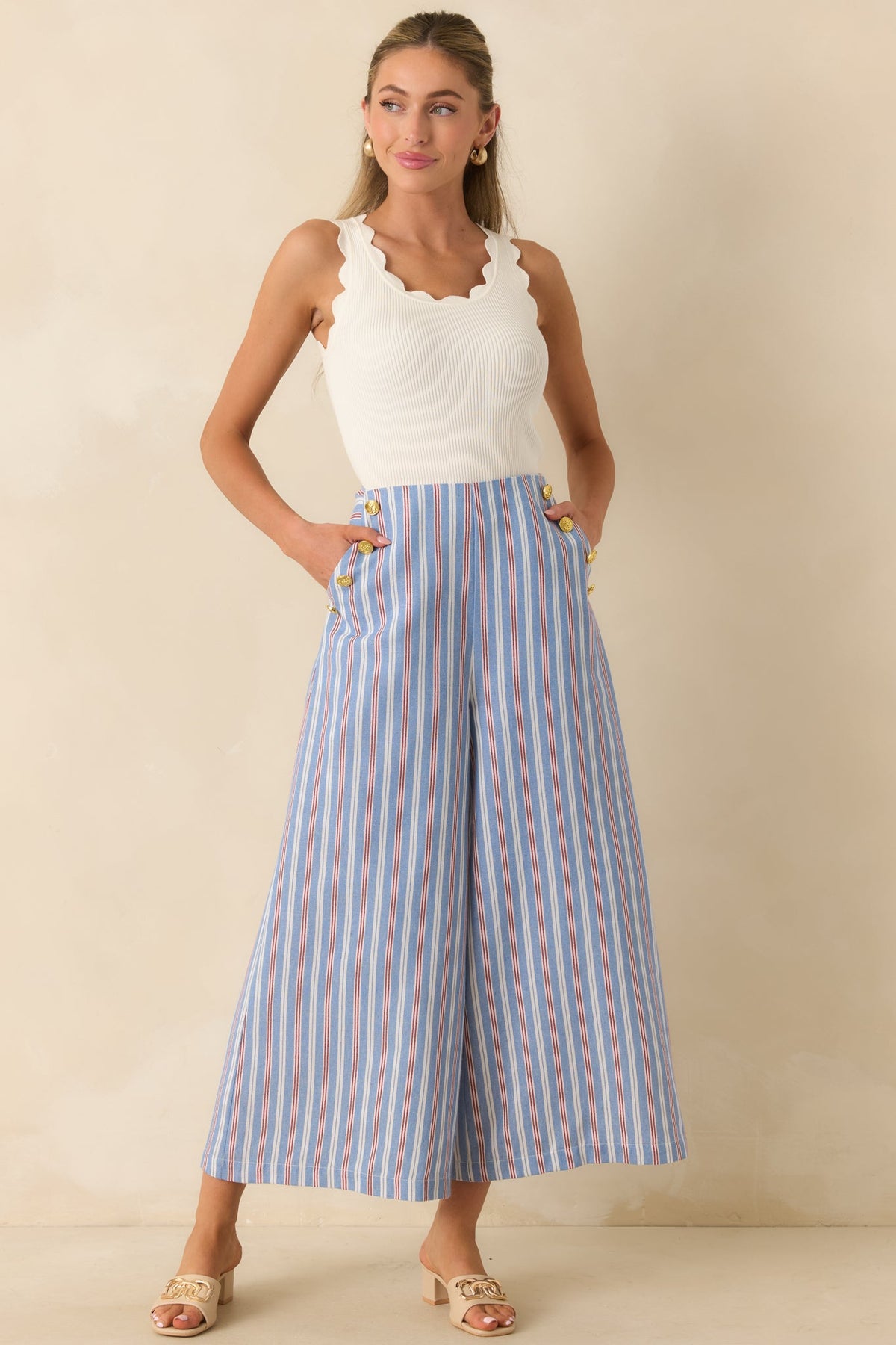 Prosperina Deitrich Blue & Red Stripe Wide Leg Cotton Blend Pants