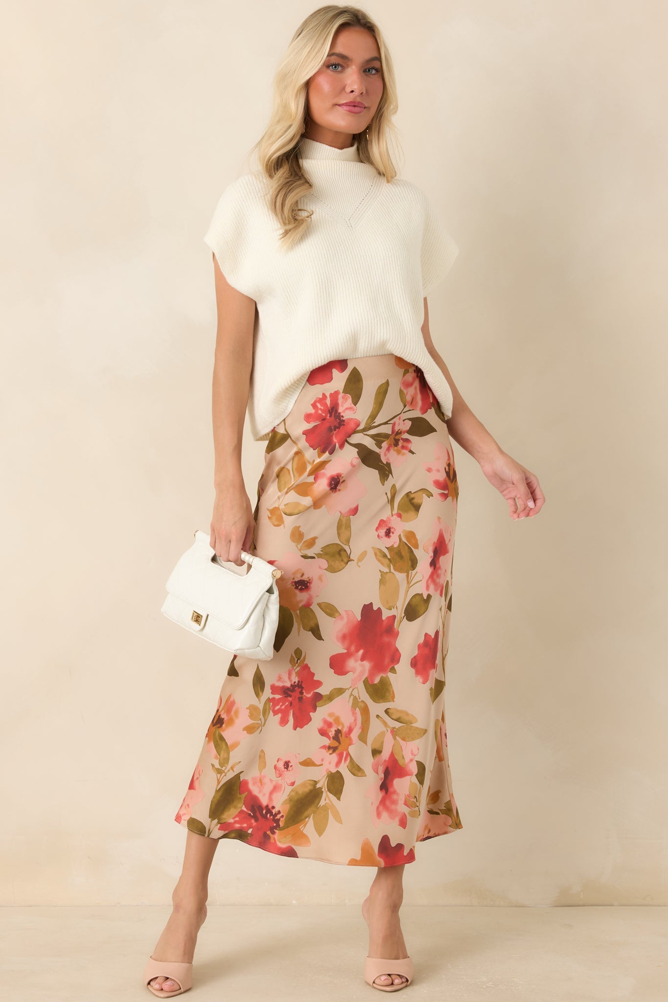 Nothing More To Say Tan Multi Floral Print Satin Maxi Skirt