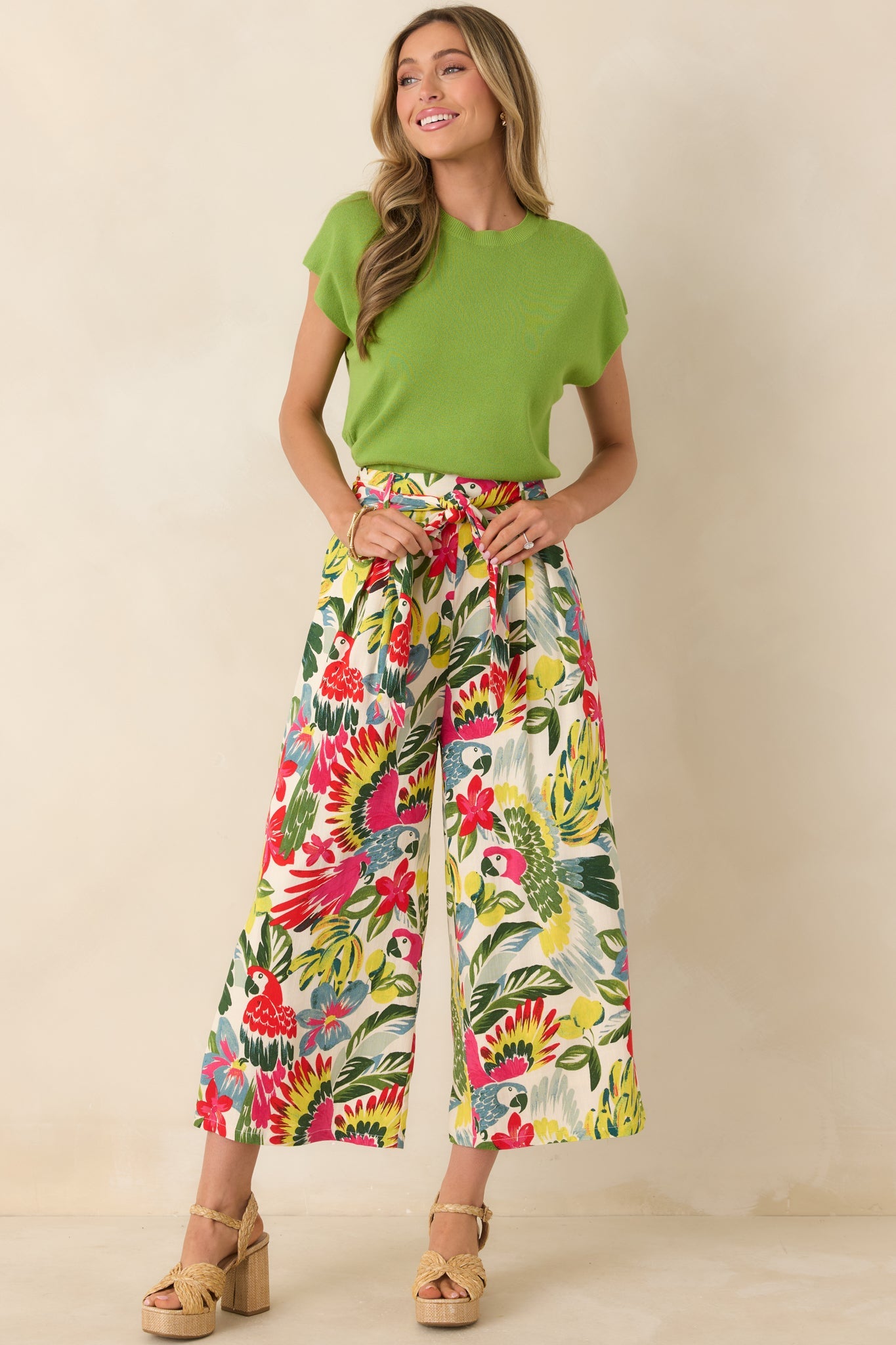 Talk Tropic To Me Red Multi Parrot Print Belted Crop Pants