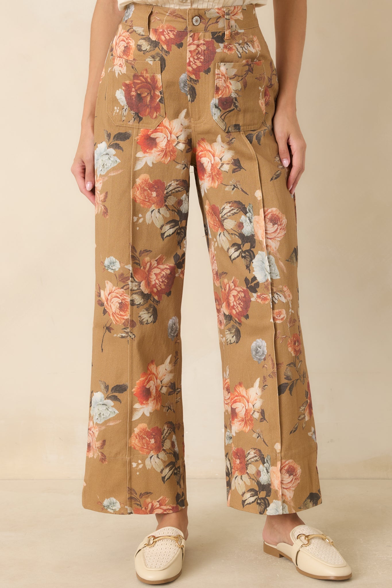 Gathering Roses Camel Floral Wide Leg Pants