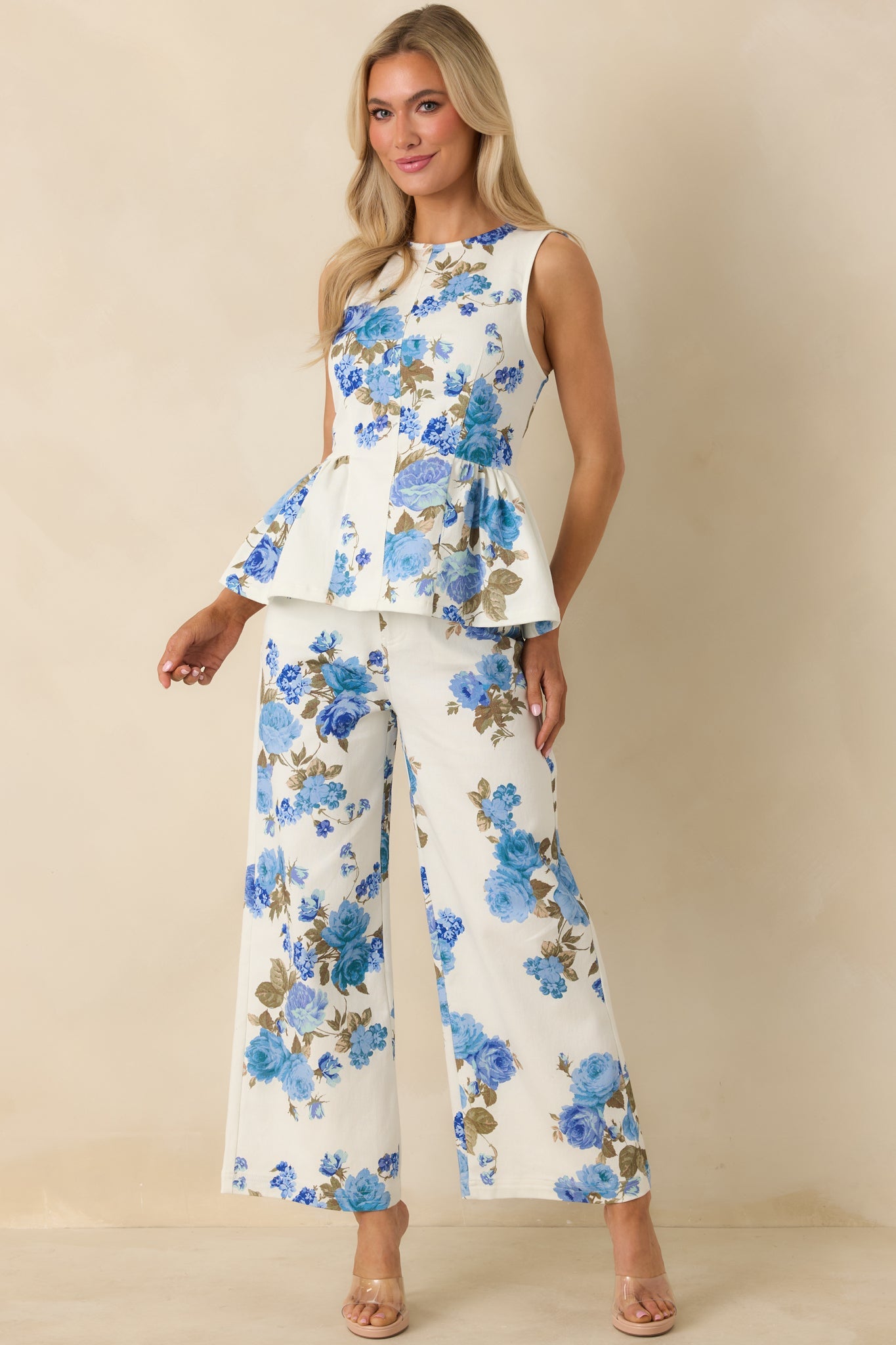 Grace in Motion Blue Floral Print Cotton Wide Leg Pants