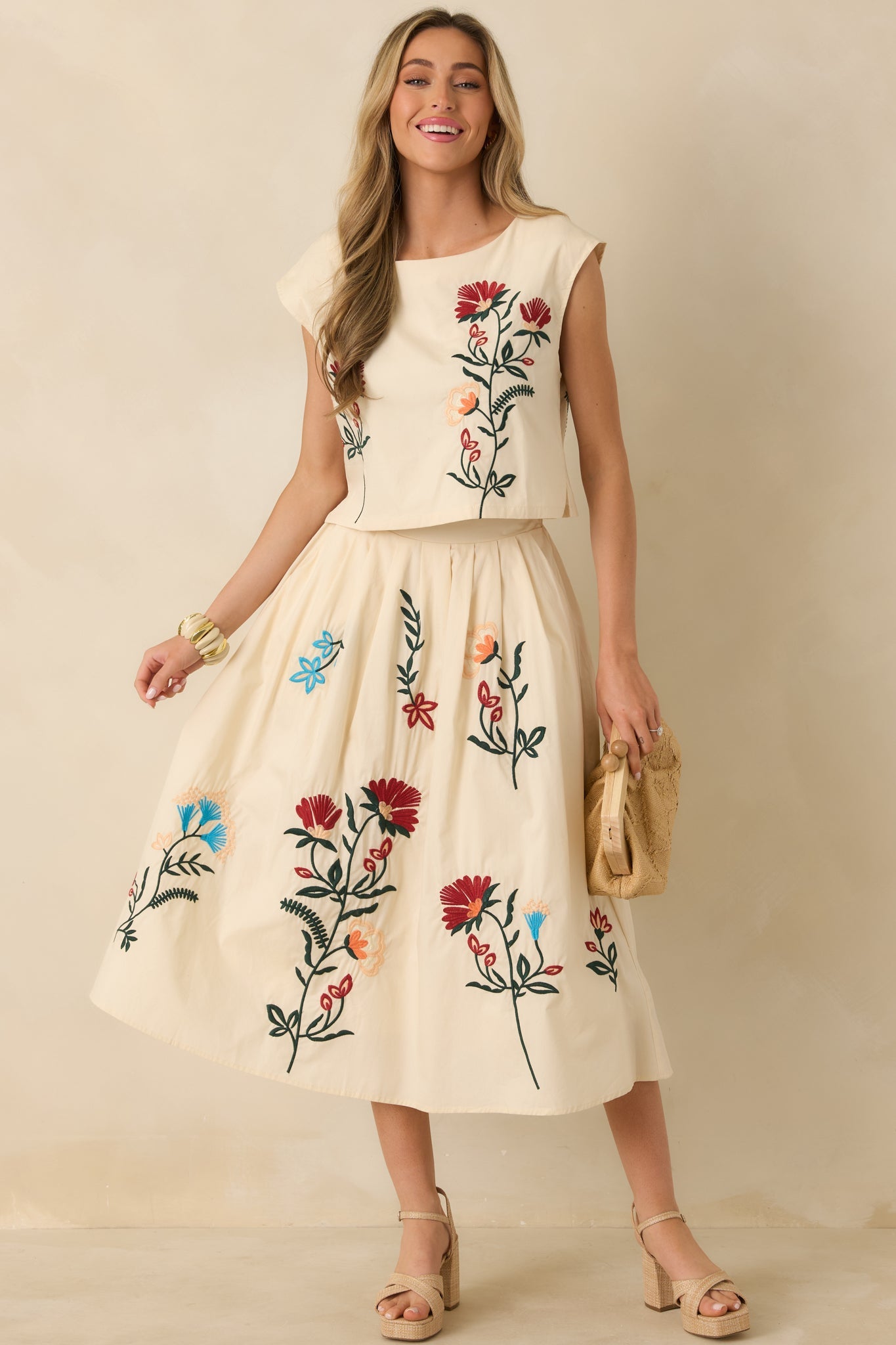 Found Treasures Natural Multi Floral Embroidered Midi Skirt