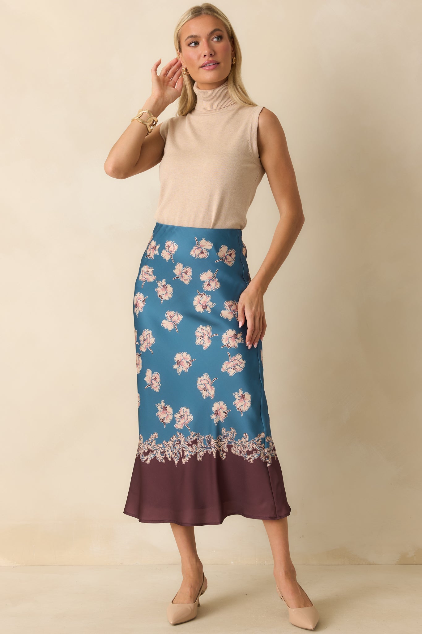 Don't Hold Back Blue Multi Floral Print Satin Maxi Skirt