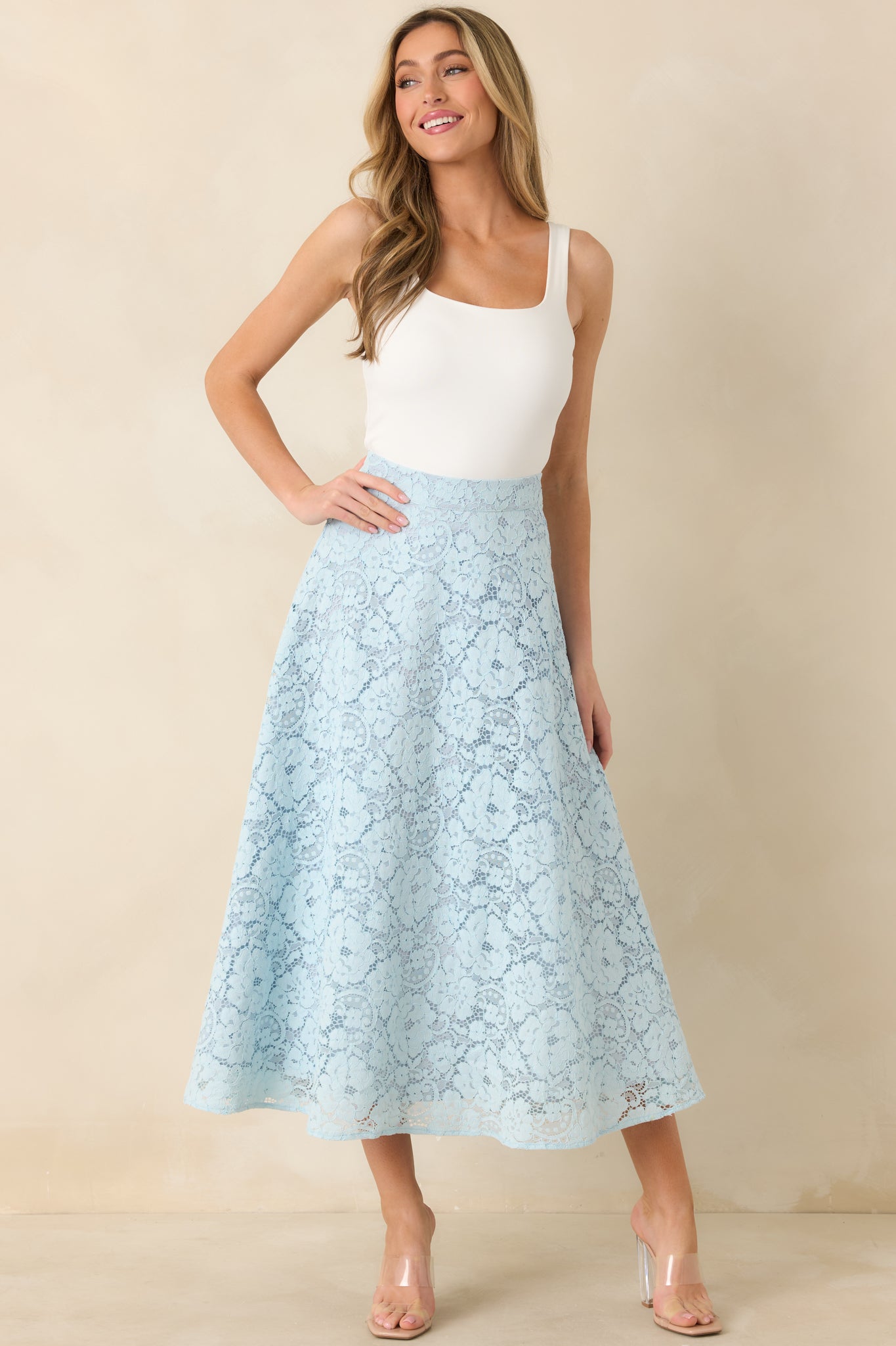 Soft Daylight Light Blue Guipure Maxi Skirt