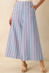 Prosperina Deitrich Blue & Red Stripe Wide Leg Cotton Blend Pants