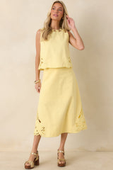 Just Imagine Yellow Cotton Cutwork Embroidery Midi Skirt